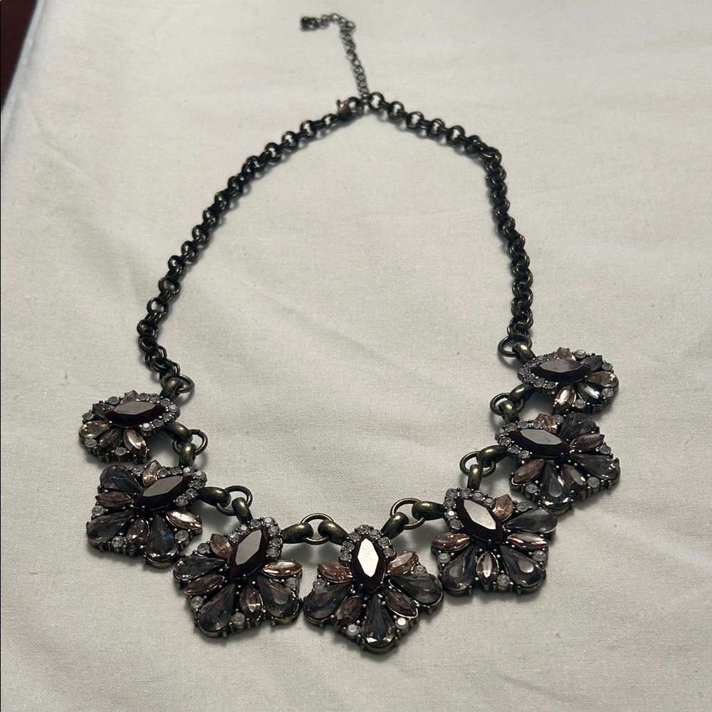 Plum, pink, burgundy crystal Floral Necklace with bronze metal setting
